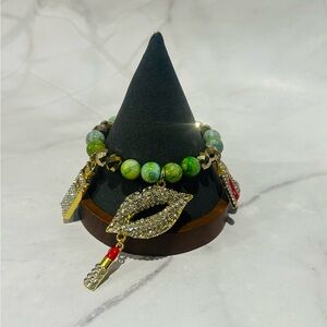 Green Beaded Lip & Lipstick Charm Bracelet